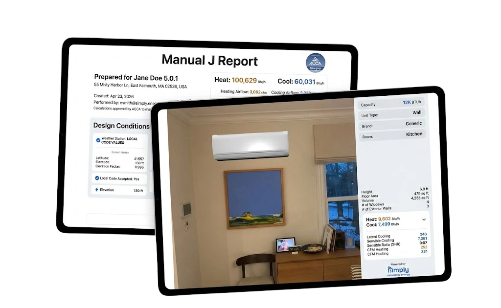 Amply ACCA Manual J report and LiDAR home scan shown on two iPads