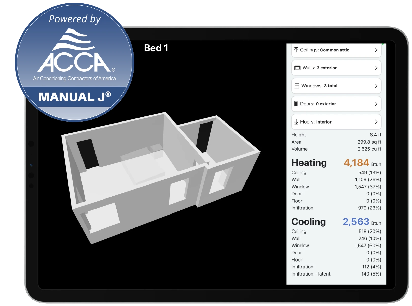 Room-by-room ACCA Manual J heating and cooling load breakdown in the Amply app